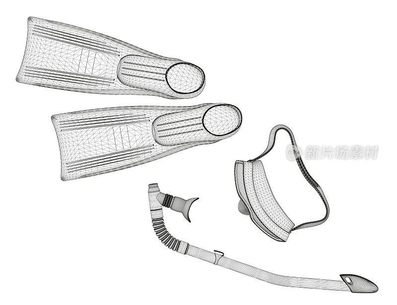 水肺设置线框从黑色线隔离在白色背景。脚蹼和带通气管的面罩。3 d。矢量插图。